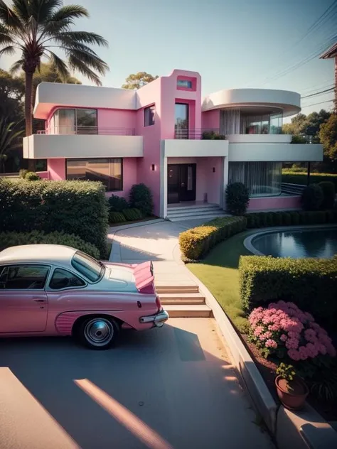 modern house, exterior, pink, pop art style, tree, birds eye, flower, outdoors, blurry background, realistic, bush, lamp, car, <lora:barbie:1> <lora:more_details:0.8>