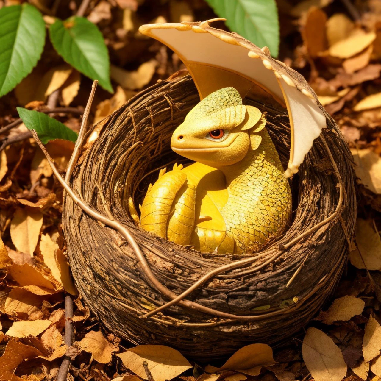 instaport style, Closeup shot of A high-resolution image of a dragon with little wings curled up in a warm nest of dried leaves with bright scales glinting in the sunlight, golden-green scales, golden plated broken egg shells, realism, photorealistic