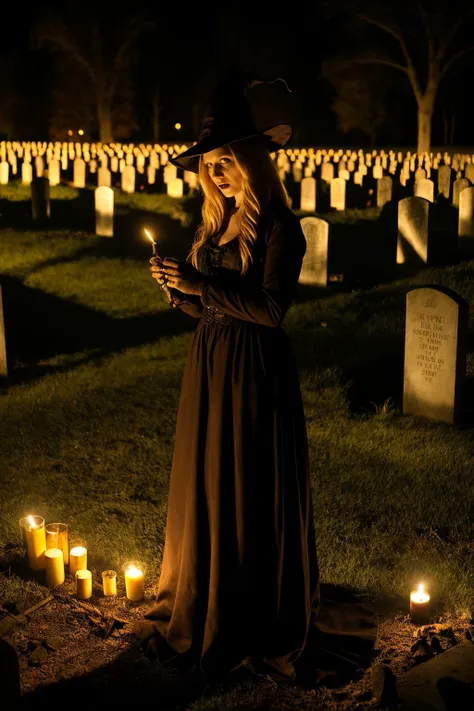 a witch in the night, horror movie scene, creepy, candles, graveyard, ghost