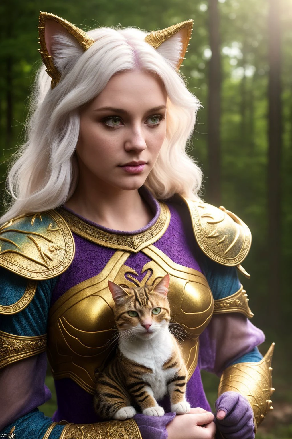 girl holding cat, cat ears, chibi, blue, gold, white, purpple, dragon scaly armor, forest background, fantasy style, (dark shot:1.17), epic realistic, faded, ((neutral colors)), art, (hdr:1.5), (muted colors:1.2), hyperdetailed, (artstation:1.5), cinematic, warm lights, dramatic light, (intricate details:1.1), complex background, (teal and orange:0.4), colorfull, (natural skin texture, hyperrealism, soft light, sharp:1.2), (intricate details:1.12), hdr, (intricate details, hyperdetailed:1.15), white hair