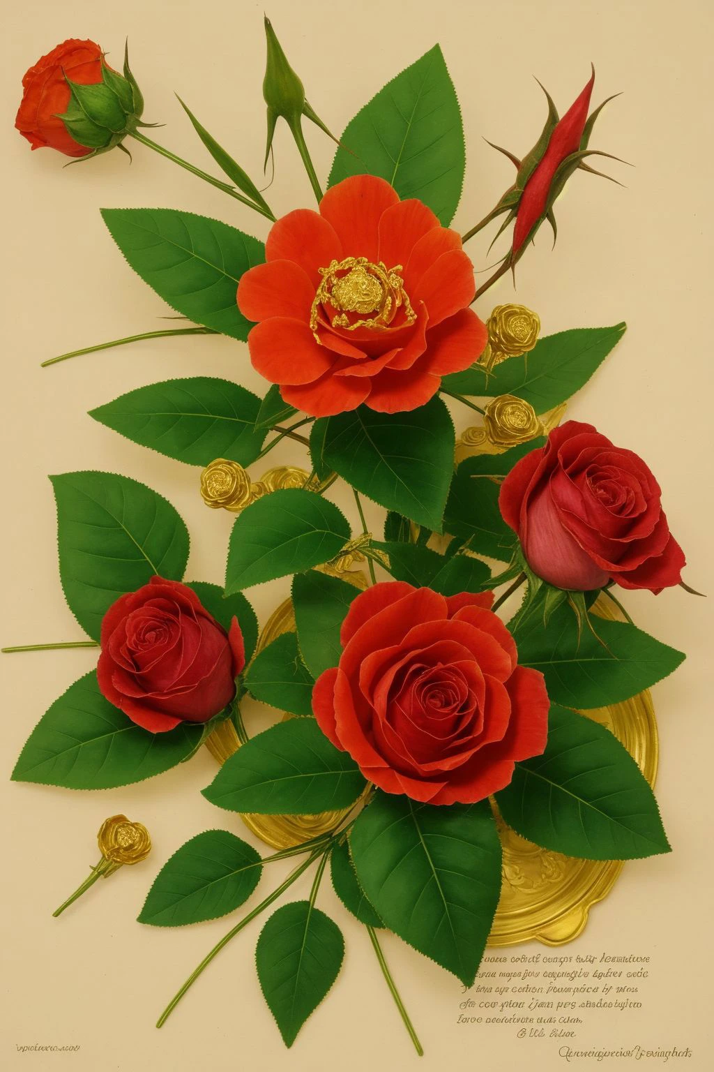 Rococo style, gigantic ruby scrambling irregular plant, lanceolate toothed leaf, brochidodromous venation, tufted, bipinnatisect leaf margin, quinacridone gold capsule fruit, glossy, bracteolate, rosette, branched root BREAK thoughtful, atmospheric scattering