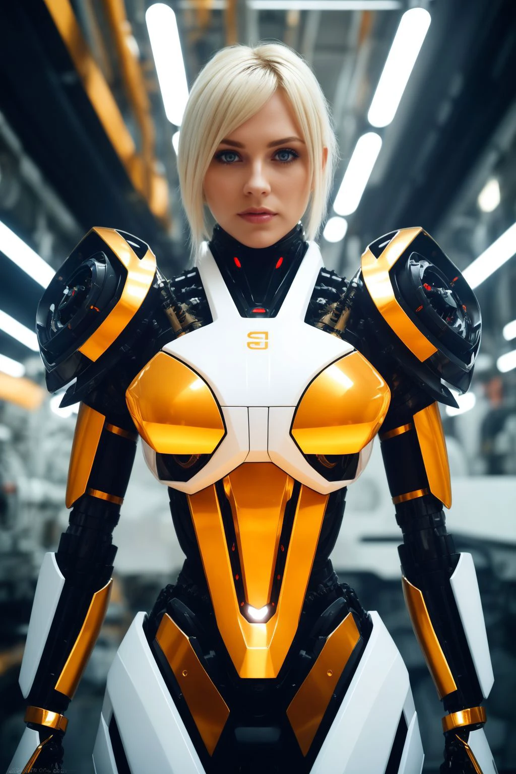 cgmech, , beautiful eyes, upper body, underboob, portrait, robot,white orange armor, white shimmering hair, neon light, 8K, RAW, best quality, masterpiece, ultra high res, colorful, (medium wide shot), (dynamic perspective), sharp focus, (depth of field, bokeh:1.3), extremely detailed eyes and face, beautiful detailed eyes,large breasts,(black gold, trimmed gear:1.2),(In a futuristic weapons factory:1.2), ((masterpiece, best quality)), Detailed background, spaceship interior