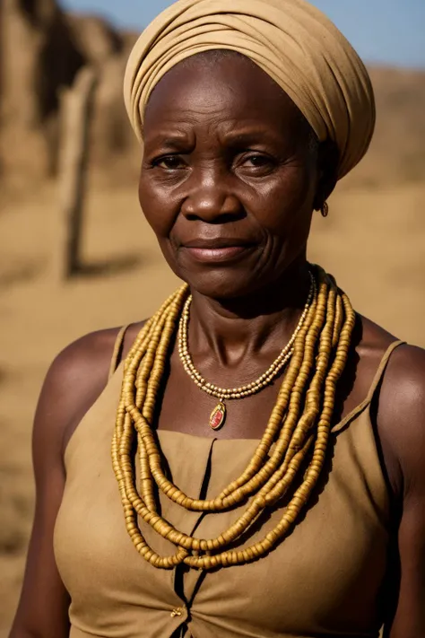 Photo of a congolese woman, wrinkles, aged, necklace, crowded papers room, closeup, neutral colors, barren land