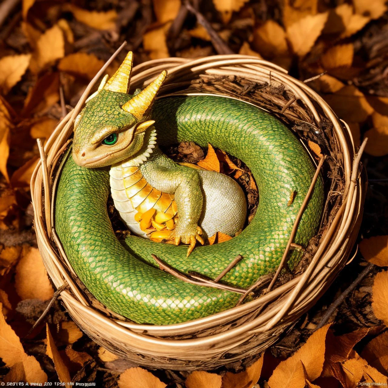 instaport style, Closeup shot of A high-resolution image of a dragon with little wings curled up in a warm nest of dried leaves with bright scales glinting in the sunlight, golden-green scales, golden plated broken egg shells, realism, photorealistic