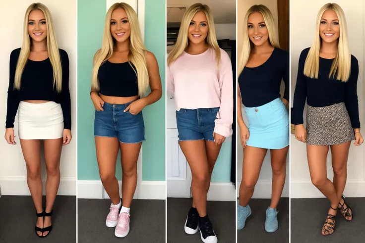 5split screen, same girl different clothes, blonde