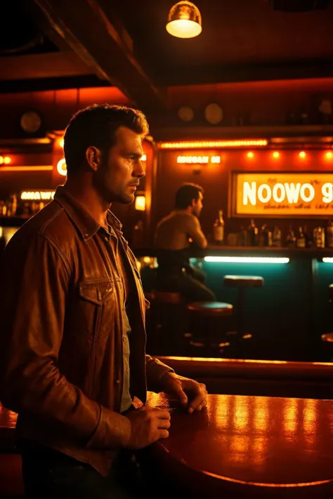 Cinematic Hollywood Film style, Epic Creative Scene, analog raw photo of a cowboy in a bar, lonely, sad, haze lighting, epic, 35mm, 8k, UHD, masterpiece