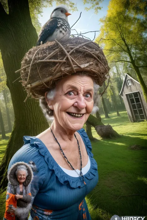 3d render of a funny old lady, crazy looking, grumpy eyes, beast smile, (bird s nest on head, inside cuckoo:1.25), retro wearing, fantasy landscape, forest, immensely emotional by (john Wilhelm, low Dutch angle:1.36), natural lighting, cinematic film still