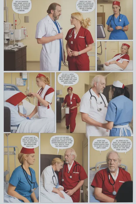 nursecomics, comic book page, nurses treating patients, diverse characters, action, Donald Sutherland, romance, hospital