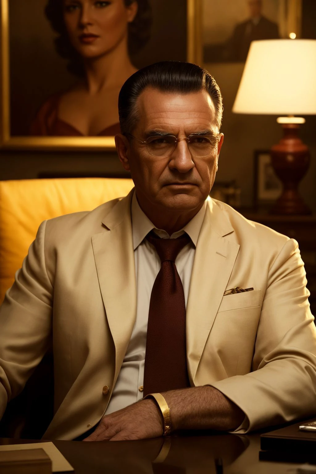 a mature man, beautiful oil matte portrait painting, mafia boss at his 50s new york office desk, wonderful masterpiece highly detailed, beautiful cinematic light deep focus, elegant, digital painting, smooth, sharp focus, golden ratio, dramatic illumination, ultra realistic, 8k, art by jimmy law
