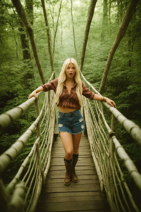 photograph of a woman, (baffled facial expression), textured skin, goosebumps, dirty blonde half-up half-down hair, oversized flannel shirt with ripped skinny jeans and combat boots, portrait, peaceful canopy walkway high above the forest floor offering a unique perspective on nature, perfect eyes, (chiaroscuro), Velvia 100 color, shot on Ilford HP5 Plus, bokeh, sharp focus on subject, shot by David Lachapelle