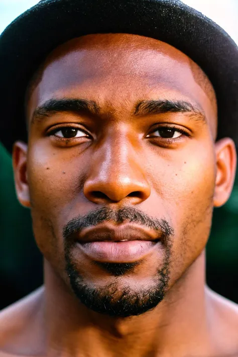 lifestyle photography photo of a black man, anticipate facial expression, close up on face, under soft lighting, high angle, shot on a Fujicolor Pro