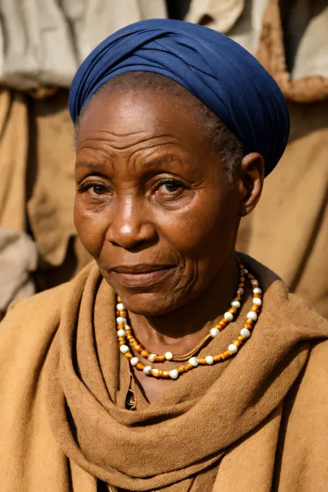 Photo of a congolese woman, wrinkles, aged, necklace, crowded papers room, closeup, neutral colors, barren land