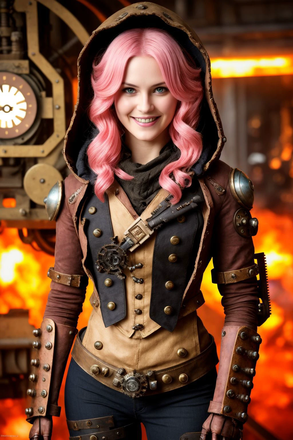 (style-rustmagic:0.8), portrait, (bloody wounds:0.7), looking down, solo, half shot, detailed background, (steampunkai, steampunk theme:1.1) crazed smile, dynamic pose, sunshine tinkerer, floating gears, Coral Pink mechanical armor with straps, techwear, hood, war machines on battlefield in background, machines, gears, steam, industry, furnace, screen, buttons, switches, automaton, clockwork, lightning detailed face, detailed eyes,
masterpiece, best quality, high resolution, 8k, sharp focus, cinematography, muted colors, professional, depth of field, photorealistic, magnificent, maximum details, (RAW photo, dslr, hdr, highest quality), (brightness), smooth, roughness, hyper realistic