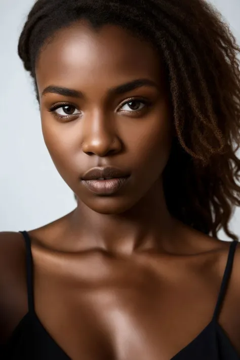 (8k, RAW photo, highest quality), beautiful (black skin woman:1.2), close up, dress, (detailed eyes:0.8), (looking at the camera:1.4), (highest quality), (best shadow), , intricate details, interior, dark studio, muted colors