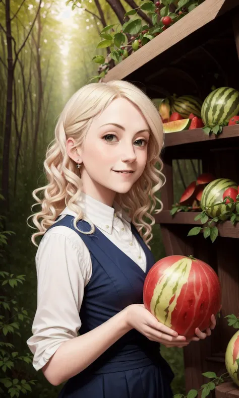 realistic photo of a polumna holding watermelon, in fantasy night forest, bees and mushrooms (blush:0.3), (hair color:1.05), (hairstyle:1.2), (smiling:1.2), by Jeremy Lipking, by William Bouguereau, (by Alphonse Mucha:0.5), sabudenego, masterpiece