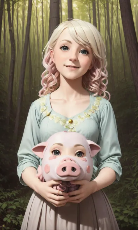 realistic photo of a polumna holding pig, in fantasy night forest, bees and mushrooms (blush:0.3), (hair color:1.05), (hairstyle:1.2), (smiling:1.2), by Jeremy Lipking, by William Bouguereau, (by Alphonse Mucha:0.5), sabudenego, masterpiece
