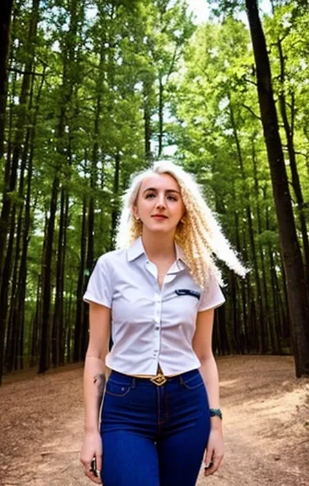 22yo (polumna:1.2), thick thighs, wide hips, navel, white shirt, cleavage, golden hair, sunlight, birhgt blue eyes, trees in the background