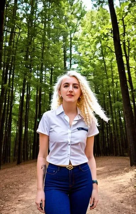 22yo (polumna:1.2), thick thighs, wide hips, navel, white shirt, cleavage, golden hair, sunlight, birhgt blue eyes, trees in the background