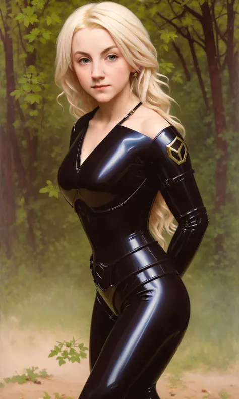 realistic photo of a (polumna:1.1), halo, thick thighs, latex suit, (hair color:1.05), (hairstyle:1.2), (expressionless:1.2), brown eyes, by Jeremy Lipking, by William Bouguereau, (by Alphonse Mucha:0.5), sabudenego, masterpiece