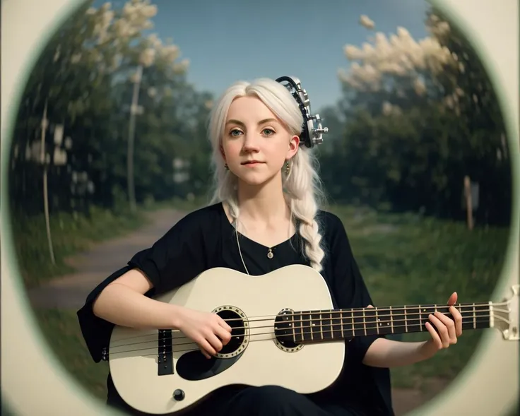 realistic photo of a (polumna:1.1), playing bass guitar on concert, (white hair color:1.05), (hairstyle:1.2), by Jeremy Lipking, by William Bouguereau, (by Alphonse Mucha:0.5), night, projectors lights, (fisheye lens:1.2), sabudenego, masterpiece