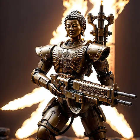 (Buddha),A highly detailed, realistic depiction of Buddha in a serene yet powerful posture, gripping a Gatling gun with both hands. The image captures the juxtaposition of peace and warfare, showcasing Buddha's tranquil expression against the mechanical complexity of the weapon. The background is a blur of movement, suggesting the action of sweeping gunfire, while Buddha himself remains an emblem of calm amidst chaos. The lighting is dynamic, highlighting the intricate details of both the figure and the gun, with a focus on realism in textures and colors , <lora:falloutgun:0.6> falloutgun <lora:primaris_marine-knight_armor:0.4>