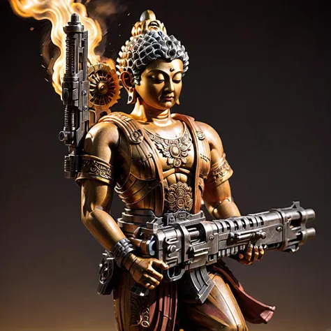 (Buddha),A highly detailed, realistic depiction of Buddha in a serene yet powerful posture, gripping a Gatling gun with both hands. The image captures the juxtaposition of peace and warfare, showcasing Buddha's tranquil expression against the mechanical complexity of the weapon. The background is a blur of movement, suggesting the action of sweeping gunfire, while Buddha himself remains an emblem of calm amidst chaos. The lighting is dynamic, highlighting the intricate details of both the figure and the gun, with a focus on realism in textures and colors , <lora:falloutgun:0.6> falloutgun <lora:primaris_marine-knight_armor:0.4>