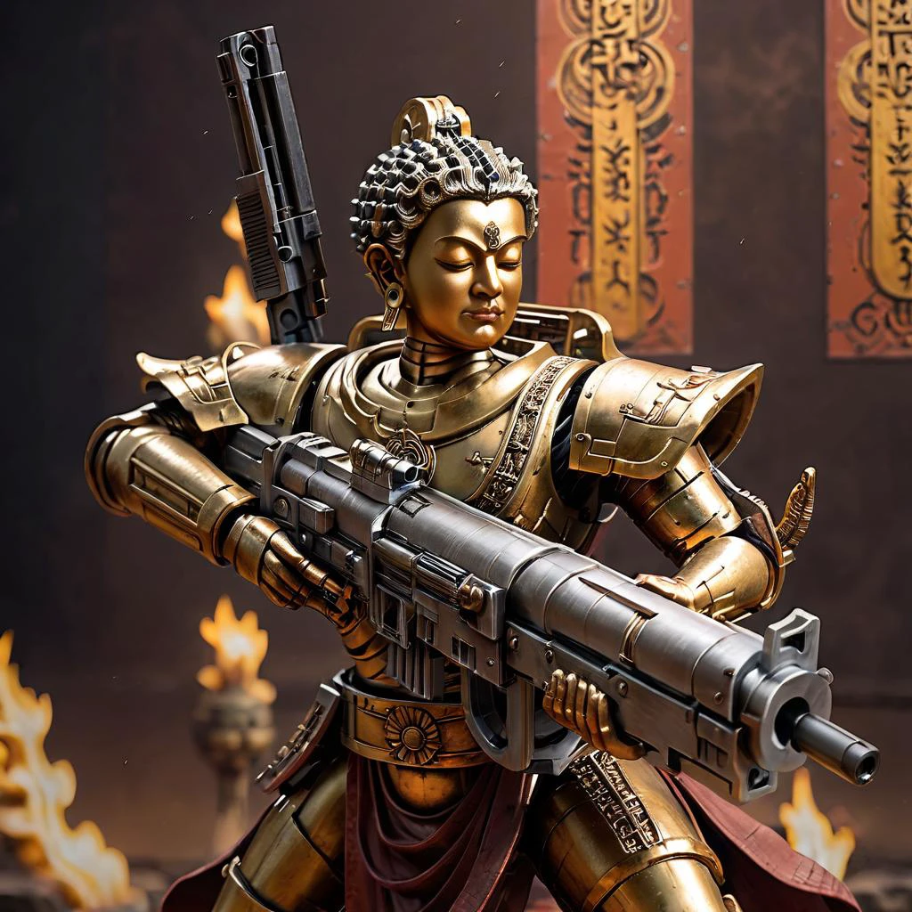 (Buddha),A highly detailed, realistic depiction of Buddha in a serene yet powerful posture, gripping a Gatling gun with both hands. The image captures the juxtaposition of peace and warfare, showcasing Buddha's tranquil expression against the mechanical complexity of the weapon. The background is a blur of movement, suggesting the action of sweeping gunfire, while Buddha himself remains an emblem of calm amidst chaos. The lighting is dynamic, highlighting the intricate details of both the figure and the gun, with a focus on realism in textures and colors , <lora:falloutgun:0.6> falloutgun <lora:primaris_marine-knight_armor:0.4>