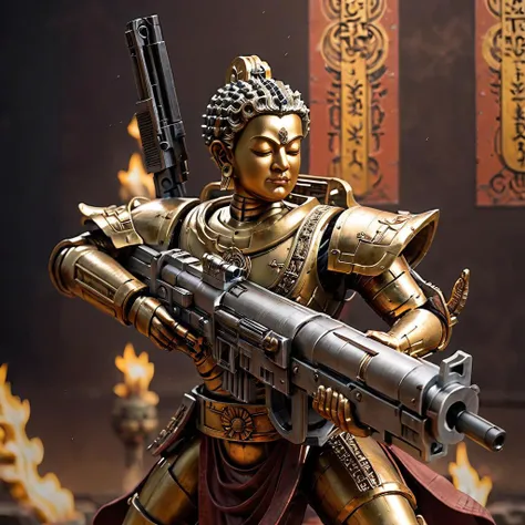 (Buddha),A highly detailed, realistic depiction of Buddha in a serene yet powerful posture, gripping a Gatling gun with both hands. The image captures the juxtaposition of peace and warfare, showcasing Buddha's tranquil expression against the mechanical complexity of the weapon. The background is a blur of movement, suggesting the action of sweeping gunfire, while Buddha himself remains an emblem of calm amidst chaos. The lighting is dynamic, highlighting the intricate details of both the figure and the gun, with a focus on realism in textures and colors , <lora:falloutgun:0.6> falloutgun <lora:primaris_marine-knight_armor:0.4>