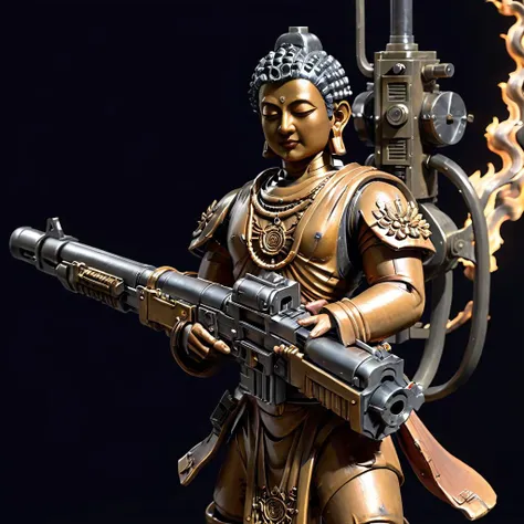 (Buddha),A highly detailed, realistic depiction of Buddha in a serene yet powerful posture, gripping a Gatling gun with both hands. The image captures the juxtaposition of peace and warfare, showcasing Buddha's tranquil expression against the mechanical complexity of the weapon. The background is a blur of movement, suggesting the action of sweeping gunfire, while Buddha himself remains an emblem of calm amidst chaos. The lighting is dynamic, highlighting the intricate details of both the figure and the gun, with a focus on realism in textures and colors , <lora:falloutgun:0.6> falloutgun <lora:primaris_marine-knight_armor:0.4>