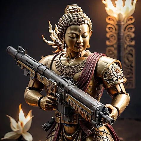 (Buddha),A highly detailed, realistic depiction of Buddha in a serene yet powerful posture, gripping a Gatling gun with both hands. The image captures the juxtaposition of peace and warfare, showcasing Buddha's tranquil expression against the mechanical complexity of the weapon. The background is a blur of movement, suggesting the action of sweeping gunfire, while Buddha himself remains an emblem of calm amidst chaos. The lighting is dynamic, highlighting the intricate details of both the figure and the gun, with a focus on realism in textures and colors , <lora:falloutgun:0.6> falloutgun <lora:primaris_marine-knight_armor:0.4>