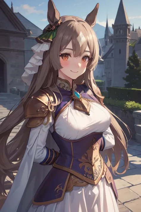 (illustration:1.1), (perfect details:1.1), landscape, background, abstract, daylight, outdoor, gothic architecture, castle grounds, 1girl, solo, blush, shy smile, medium breasts, arms behind back, (delicate warrior armor:1.5), white cape, long white skirt, Long flowing hair, rk_satono diamond \(umamusume\)