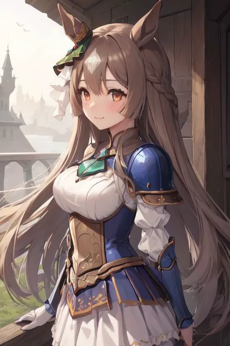 (illustration:1.1), (perfect details:1.1), landscape, background, abstract, daylight, outdoor, gothic architecture, castle grounds, 1girl, solo, beautiful face, cute, blush, shy smile, medium breasts, arms behind back, (delicate warrior armor:1.5), white cape, long white skirt, Long flowing hair, from back, rk_satono diamond \(umamusume\)