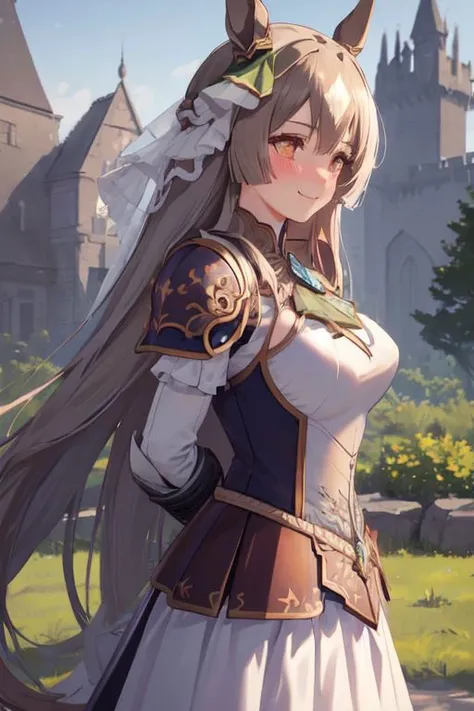 (illustration:1.1), (perfect details:1.1), landscape, background, abstract, daylight, outdoor, gothic architecture, castle grounds, 1girl, solo, blush, shy smile, medium breasts, arms behind back, (delicate warrior armor:1.5), white cape, long white skirt, Long flowing hair, rk_satono diamond \(umamusume\)