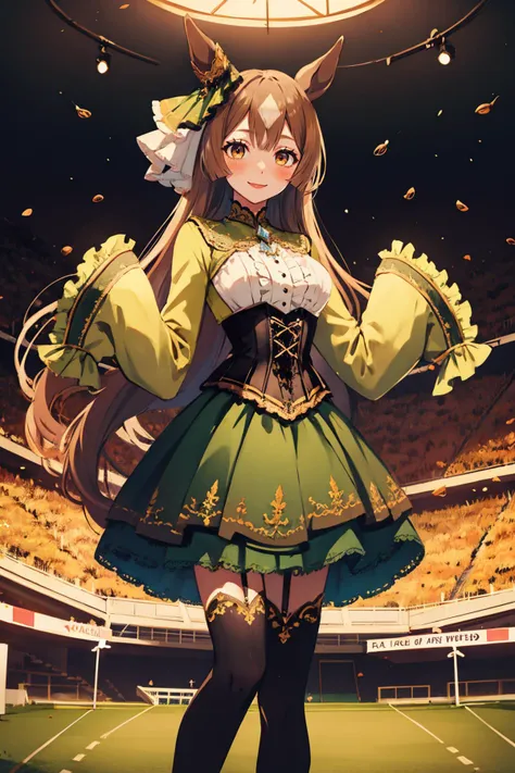 masterpiece,highres,absurdres,seductive_smile,satono diamond \(umamusume\),black thighhighs,sleeves past wrists,frills,long sleeves,dress,sleeves past fingers,blush,green skirt,white footwear,corset,<lora:satono_diamond_V1.1:0.8:lbw=KEEPCHAR>,horse racing track,