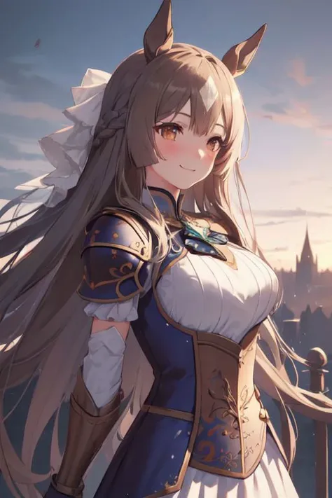 (illustration:1.1), (perfect details:1.1), landscape, background, abstract, daylight, outdoor, gothic architecture, castle grounds, 1girl, solo, blush, shy smile, medium breasts, arms behind back, (delicate warrior armor:1.5), white cape, long white skirt, Long flowing hair, rk_satono diamond \(umamusume\)