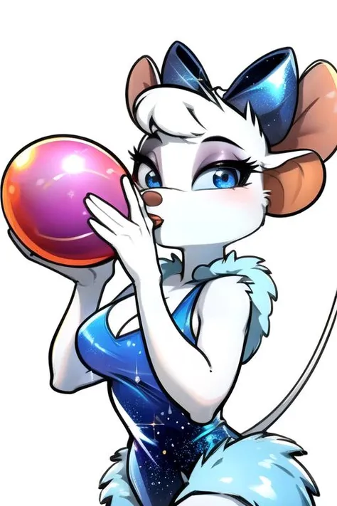 misskitty, furry female anthro, mouse girl, solo, (body fur:1.2), (best quality), cinematic lighting, (detailed fur:1.1), hair bow, sparkling leotard, medium breasts, <lora:misskitty-v1:0.9> blowing red balloon, looner, <lora:loon:0.8>
