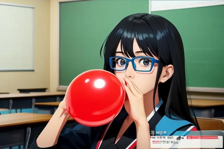 1girl, black hair, glasses, <lora:loon:0.75>, (blowing blue balloon, looner), looking at viewer, anime screencap, korean, teacher and student, classroom