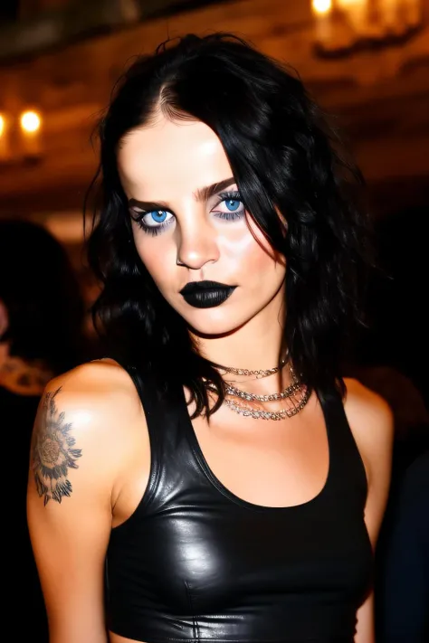 (tugcekazaz01), ((woman staring intensely into the camera)), standing at a party, black short hair, bangs, tattoo, goth aesthetic, punk rocker, dark eyeshadow, lipstick, worn-out jeans, (((small))) breasts, black leather tank top, <lora:TugKaz01-000003:1>