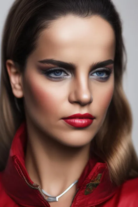 1girl, photo of (tugcekazaz01) with long hair and a necklace, (natural skin), realistic hair, Realistic detailed face, realistic skin (red jacket with white blouse with very detailed fabric and physics ), highly detailed, sharp focus, 8K, intricate, soft lighting, masterpiece, (ultra highres:1.0), physically-based rendering, best quality, award-winning photography, dslr, 80mm, hasselblad, <lora:TugKaz01-000003:1>, <lora:LowRA:0.2>, <lora:add_detail:0.7>,