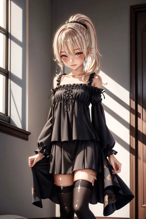 slime girl, skinny, petite, shorty, small breasts, narrow waist, (platinum blonde hair, ponytail hair), long hair, standing, black nightgown, (miniskirt), thighhighs, indoors, perfect lighting, <lora:add_detail:0.6> <lora:slimegirl16:1>