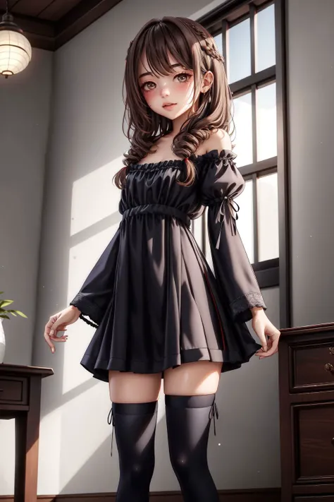slime girl, skinny, petite, shorty, small breasts, narrow waist, (black hair, messy hair), long hair, standing, black nightgown, (miniskirt), thighhighs, indoors, perfect lighting, <lora:add_detail:0.6> <lora:slimegirl16:1>