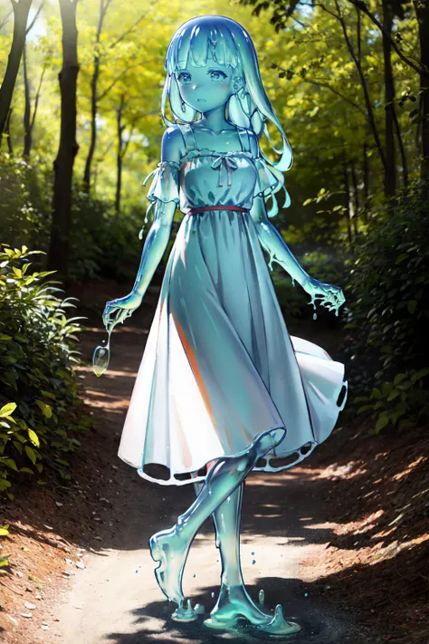 absurdres, highres, best quality, <lora:slimegirl16:1> slime girl, (transparent:1.5), full body, forest, sundress,