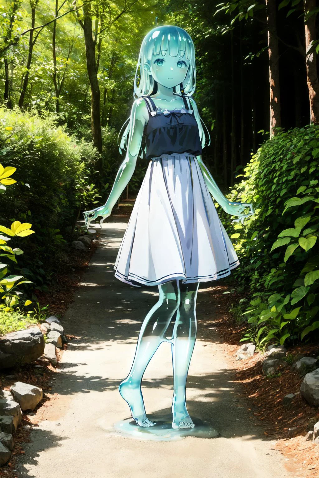 absurdres, highres, best quality, <lora:slimegirl16:1> slime girl, (transparent:1.5), full body, forest, sundress, barefoot,