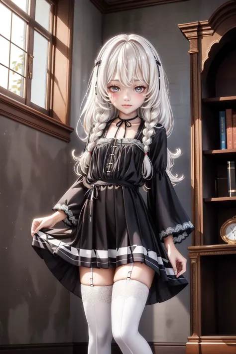slime girl, skinny, petite, shorty, small breasts, narrow waist, (ash white hair, blowout hair), long hair, standing, black nightgown, (miniskirt), thighhighs, indoors, perfect lighting, <lora:add_detail:0.6> <lora:slimegirl16:1>