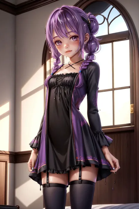 slime girl, skinny, petite, shorty, small breasts, narrow waist, (purple hair, updo hairstyle hair), long hair, standing, black nightgown, (miniskirt), thighhighs, indoors, perfect lighting, <lora:add_detail:0.6> <lora:slimegirl16:1>
