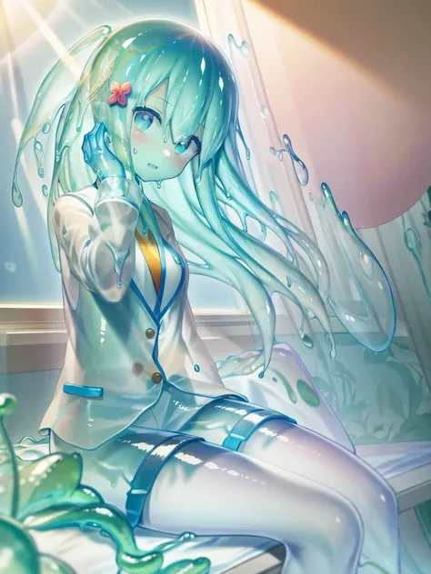 (masterpiece,best quality,ultra-detailed,best illustration:1.3), 1girl, (slime girl:1.3), ( transparent:1.3), (see-through:1.1),sitting, white highhighs, (refraction,reflection:1.1) , <lora:slimegirl11:1.2>, transparent face,transparent body,transparent skin,sunshine day