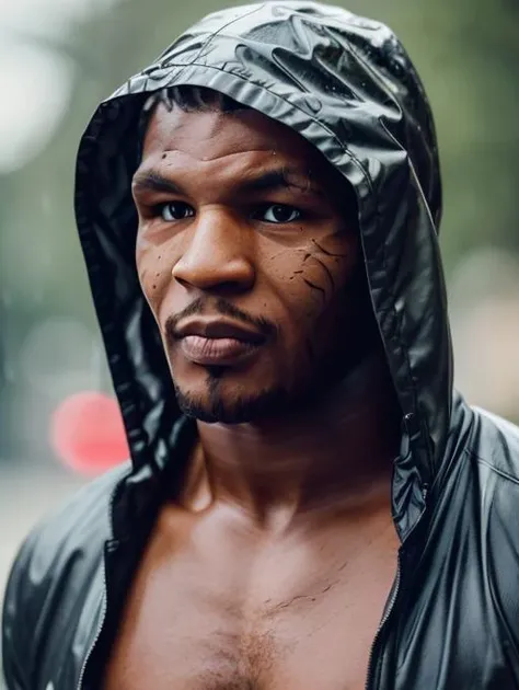 1man, solo, miketyson wear hooded jacket under rain, looking at viewer, serious, details, realistic, photography, blurry background, bokeh, <lora:ARWMikeTyson:1>