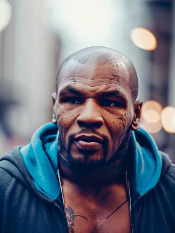 1man, solo, miketyson wear blue hoodie, looking at viewer, serious, details, realistic, photography, blurry background, bokeh, <lora:ARWMikeTyson:1>