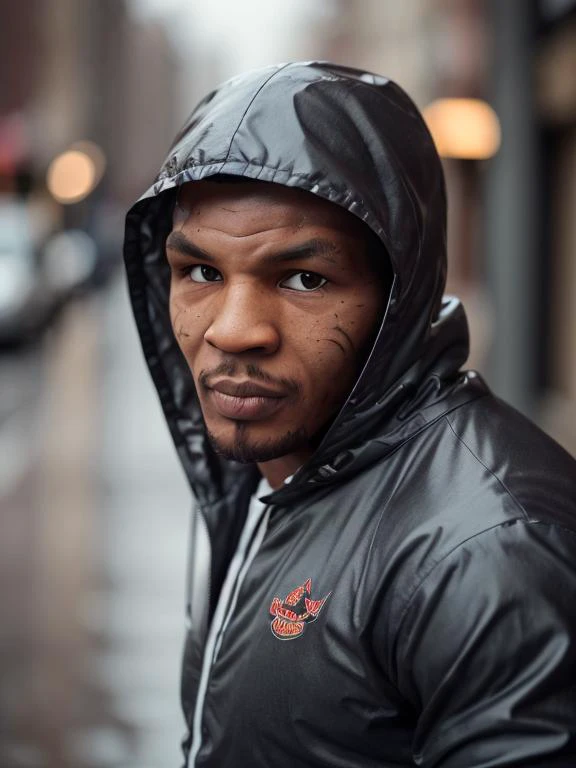 1man, solo, miketyson wear hooded jacket under rain, looking at viewer, serious, details, realistic, photography, blurry background, bokeh, <lora:ARWMikeTyson:1>