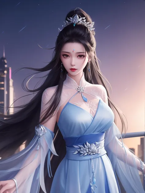 <lora:ZXluxueqi_20230805203023:0.75>,1girl, mature female, looking at viewer, cityscape, night, hair ornament, long hair, ponytail, dress,jewelry, earrings, ZXluxueqi,sash,forehead mark, belt,